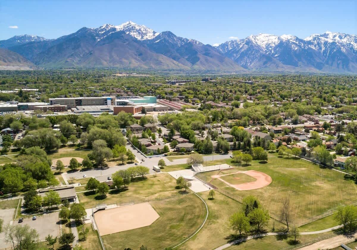 Aerial view of the village, park, and Cottonwood Canyons