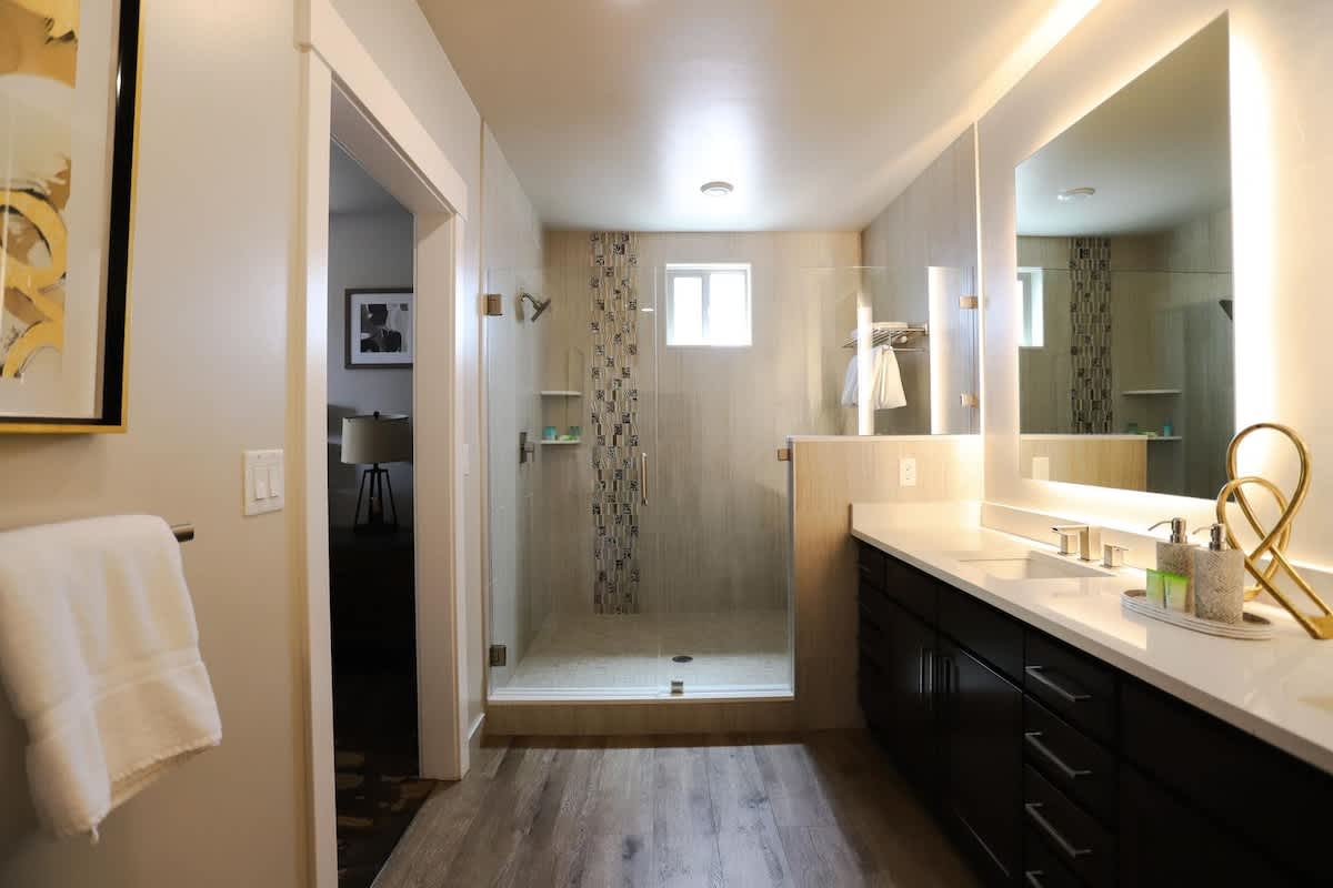Master bathroom with large luxury shower and modern vanity