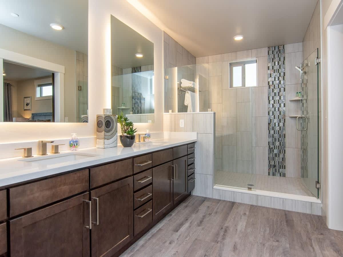 Master bathroom with large luxury shower and dual sink vanity