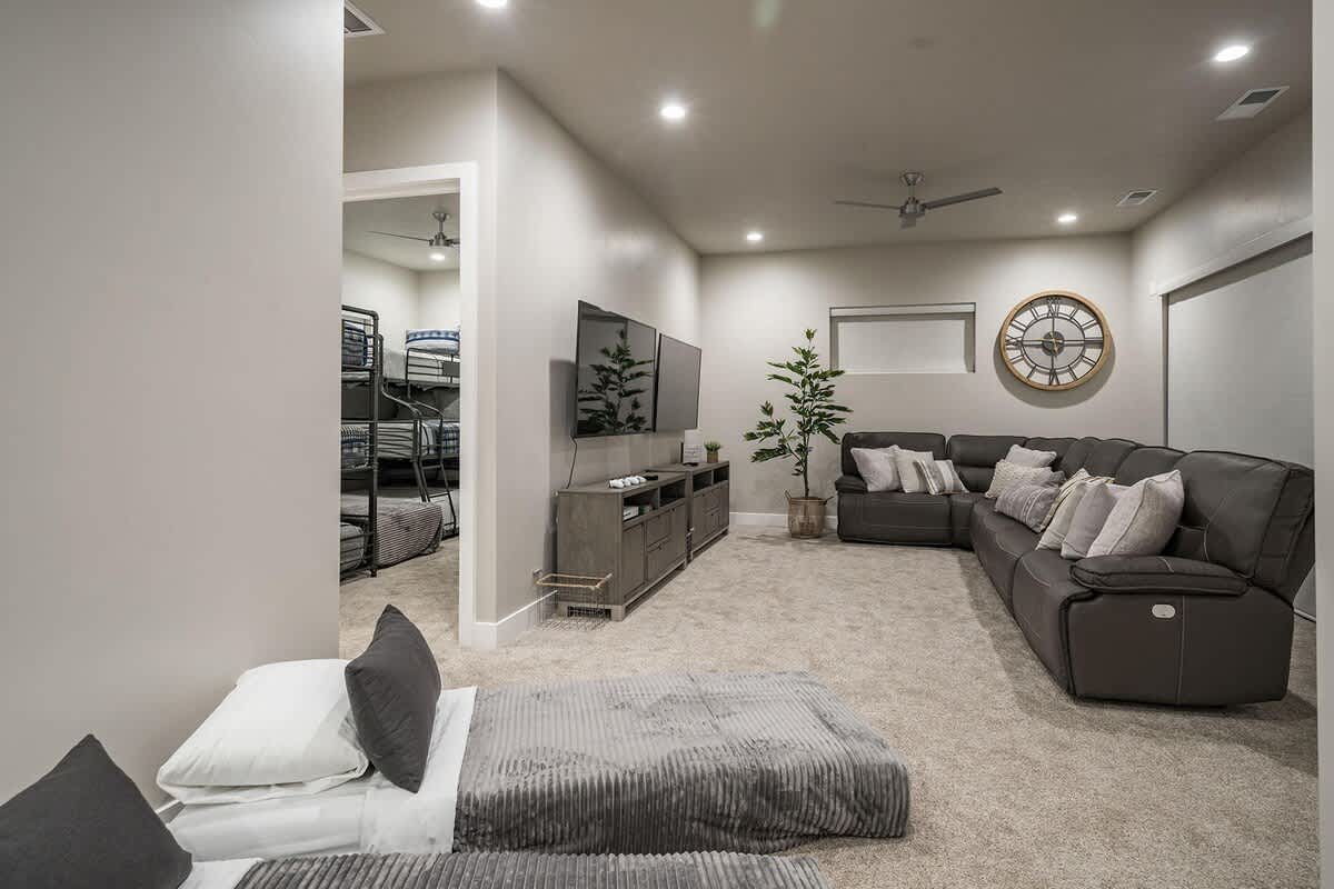 Family room upstairs with large sectional , 2 large TVs and XBox