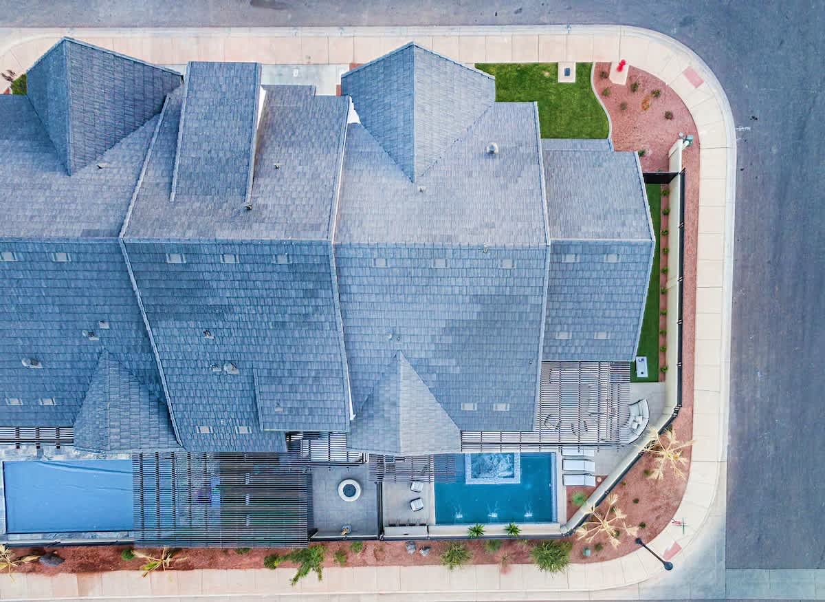 Birds eye view of house 29 and 30 backyard