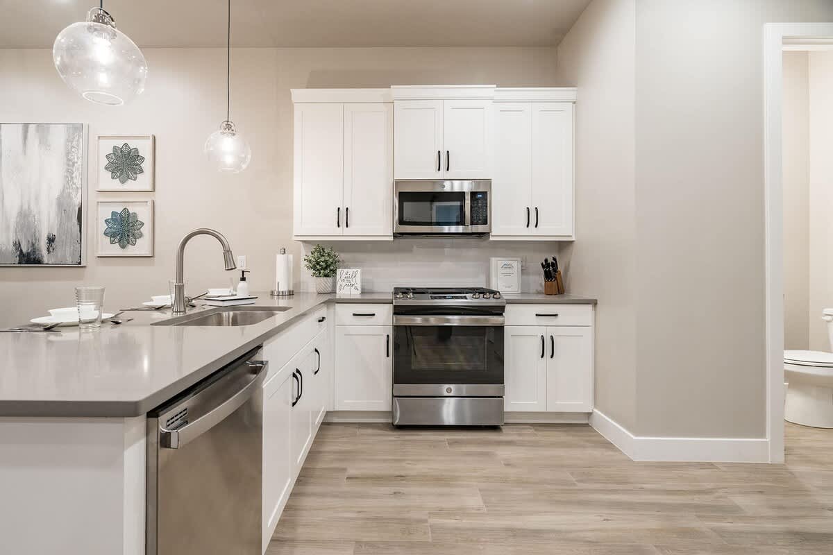 Kitchen with dishwasher and new stainless steel appliances