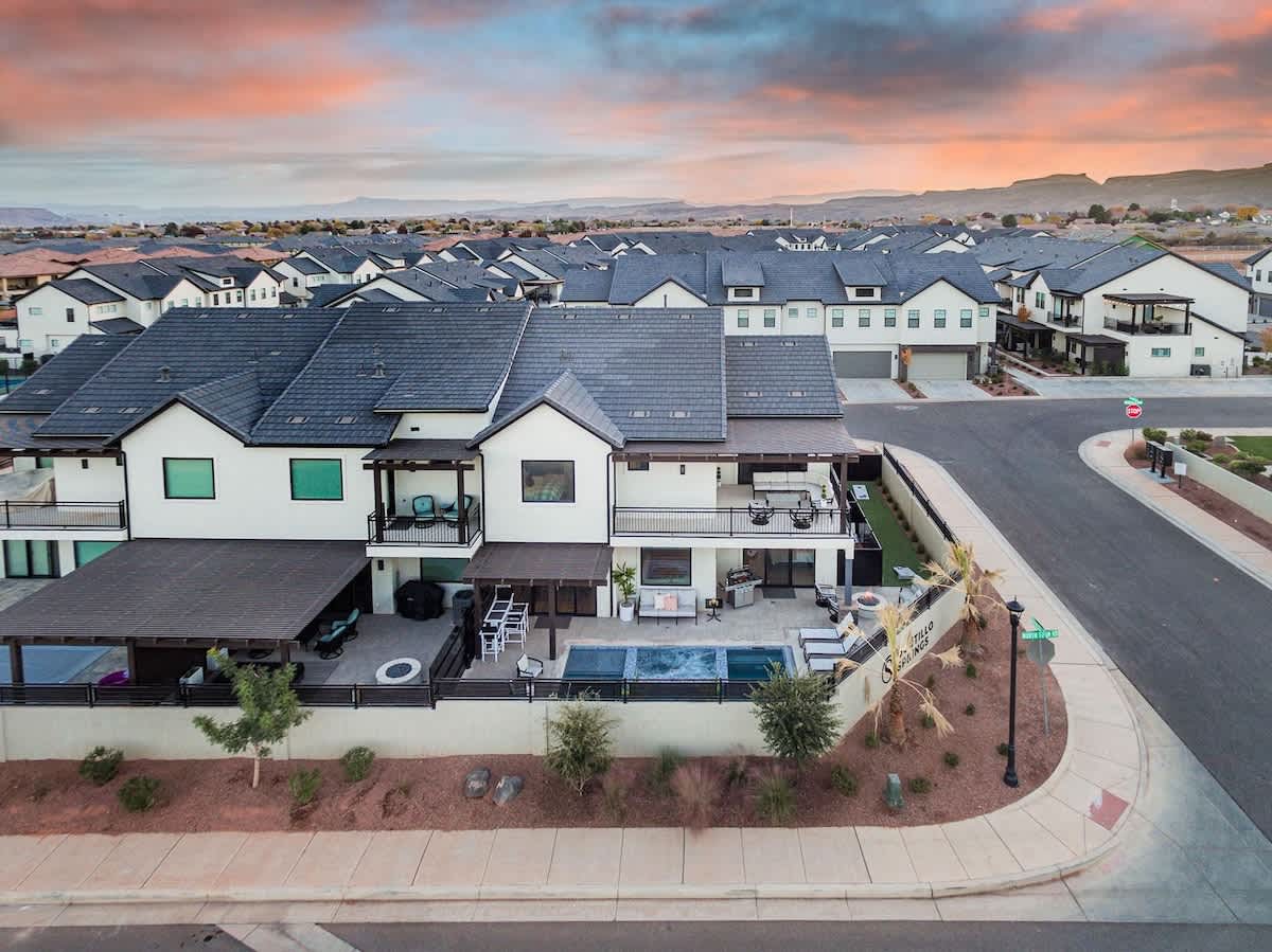 Aerial view of back of home and main Ocotillo entrance