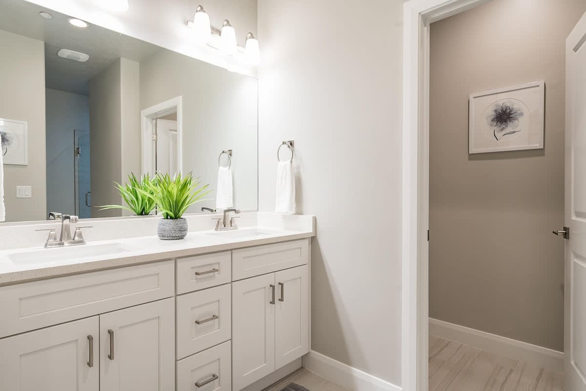 Master bathroom with dual sinks and shower