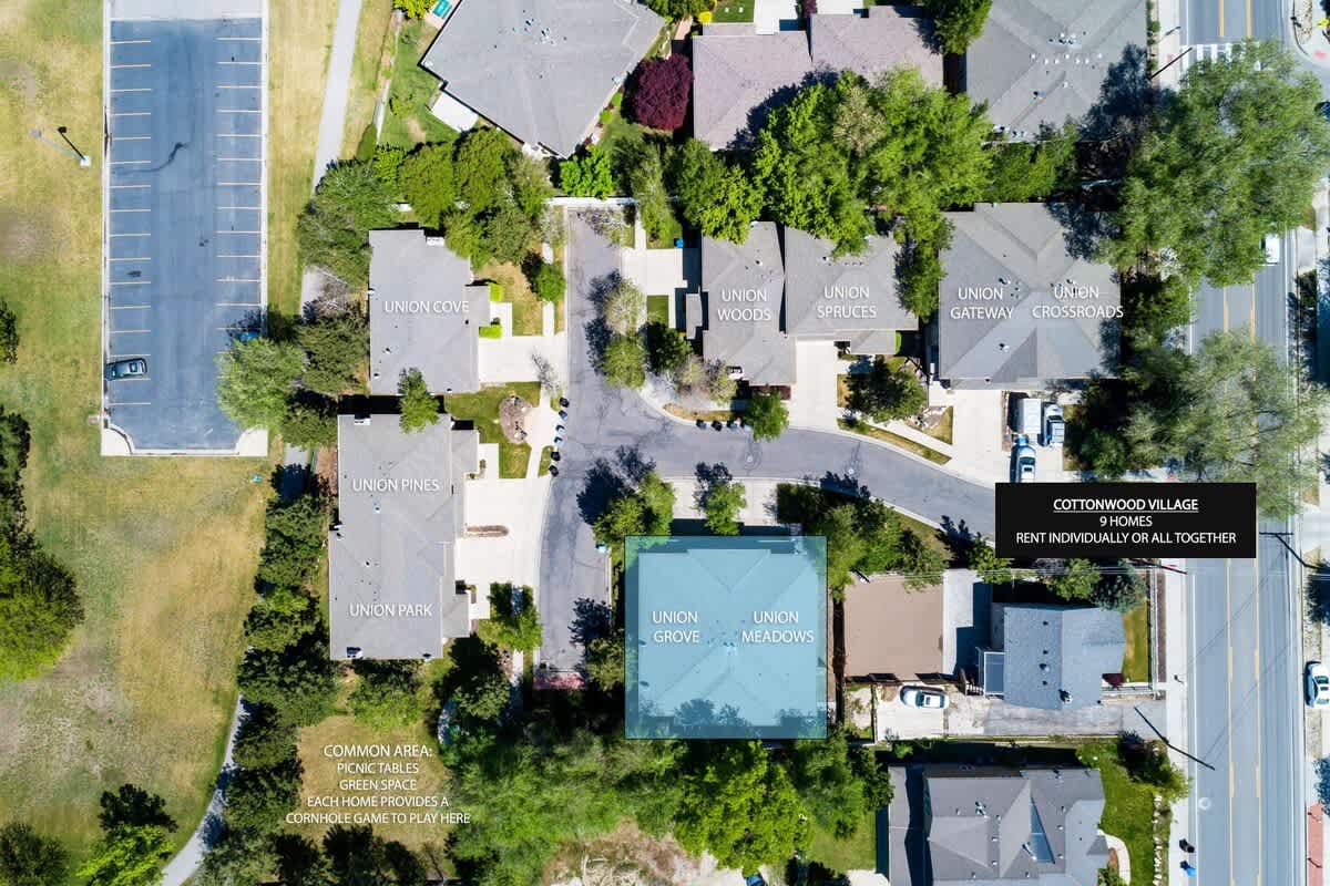 Bird's eye view of the village and duplex location