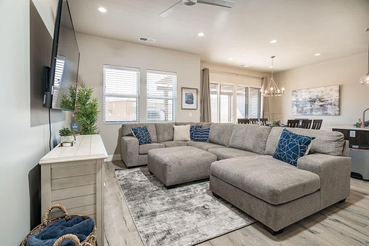 Family room open to kitchen with comfy sectional sofa