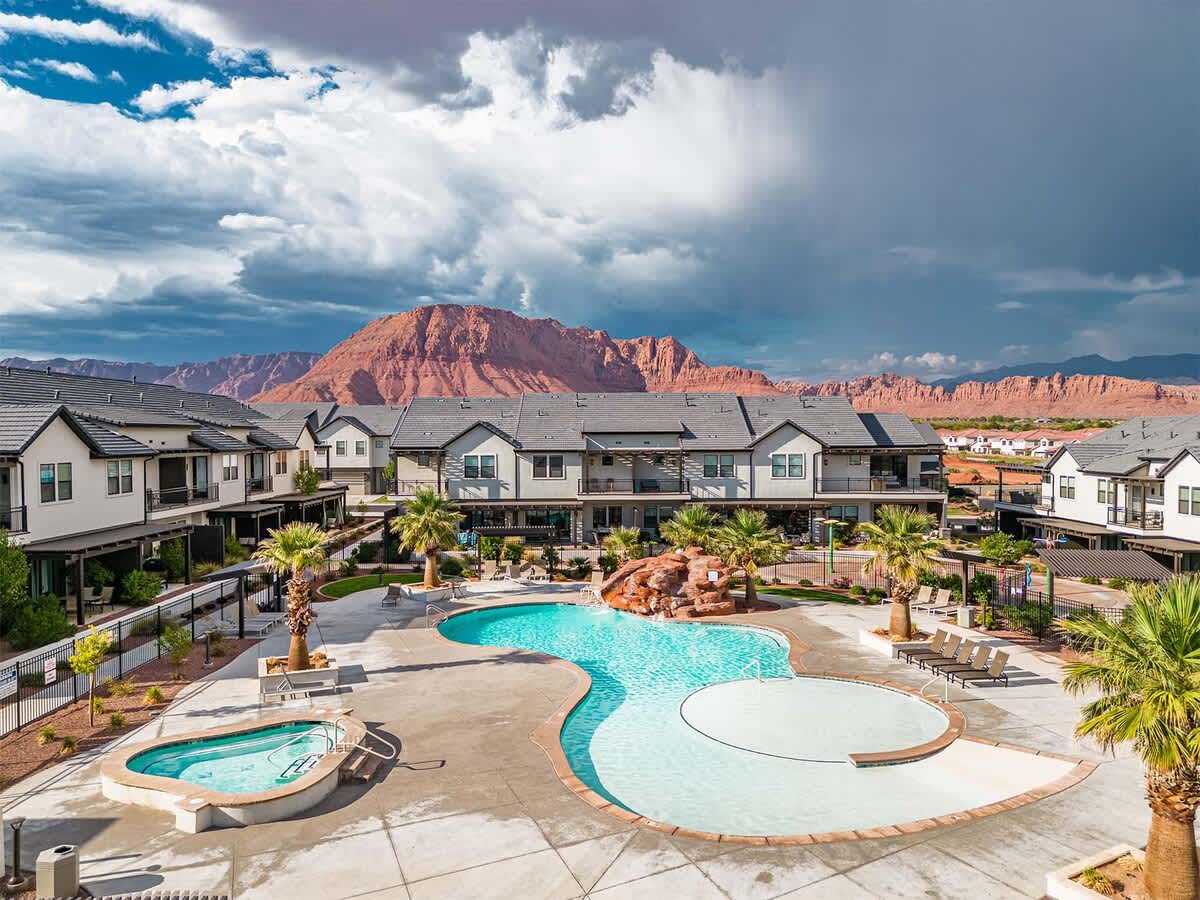 Aerial view of community pool and hot tub