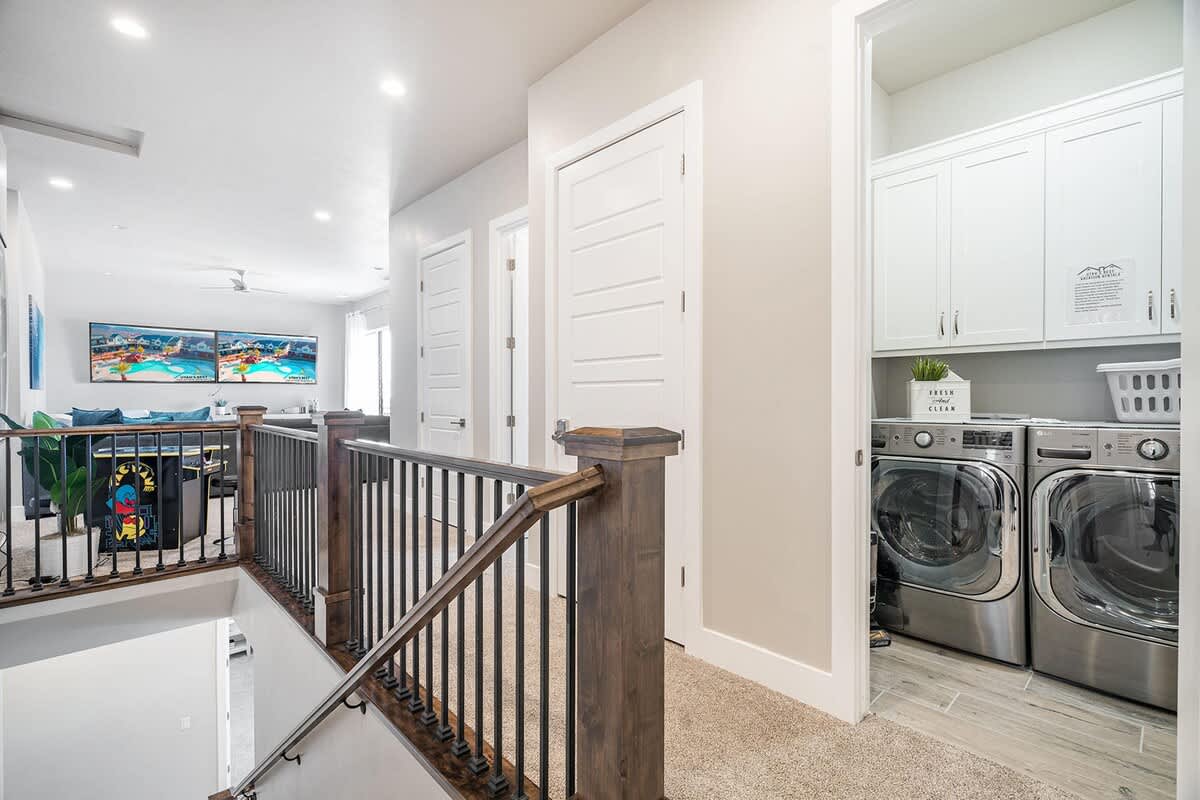 Upstairs laundry room and family room