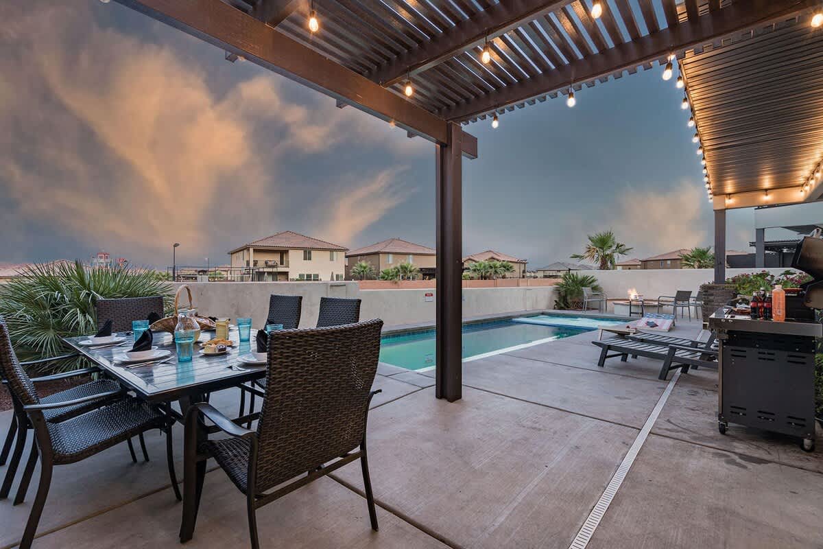 Backyard with pool and fire