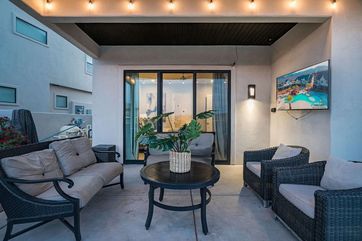 Poolside seating with TV