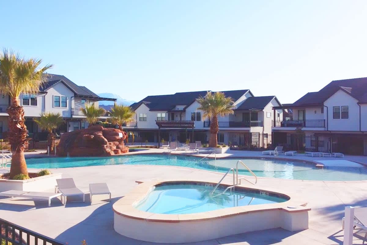 Community hot tub and pool with water slide