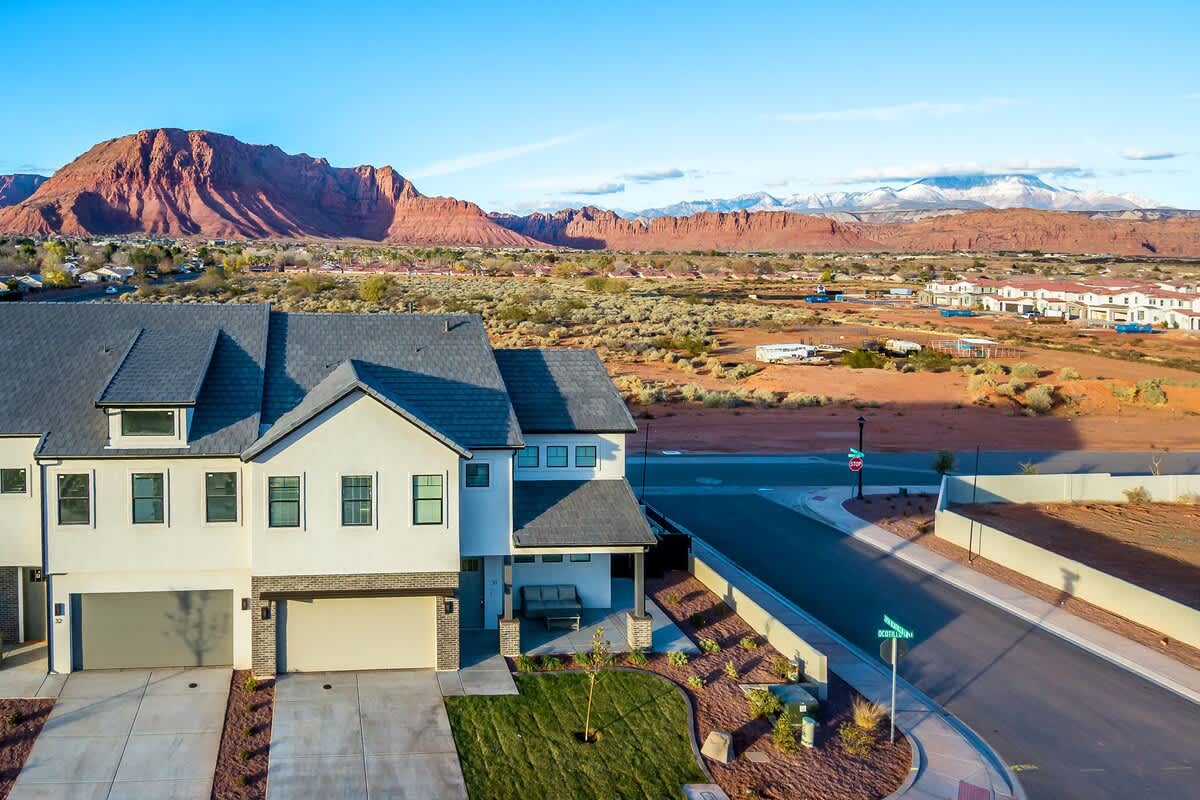 Aerial view of main entrance to resort with view of Snow Canyon