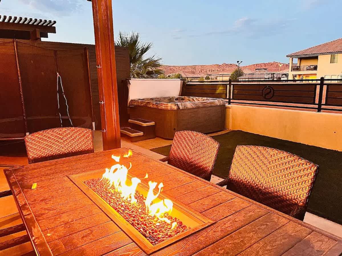 Dining table with fire insert makes evenings a blast!