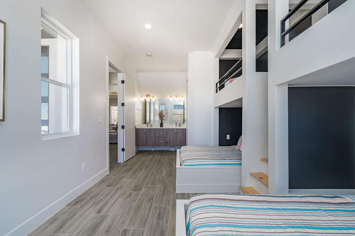 Kids love sleeping in this fun bunk room