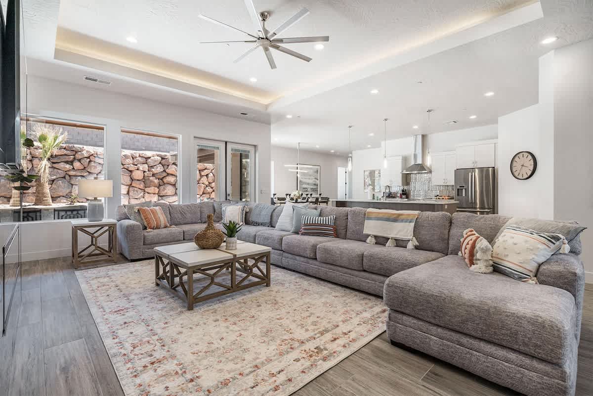 Family room open to kitchen and dining area