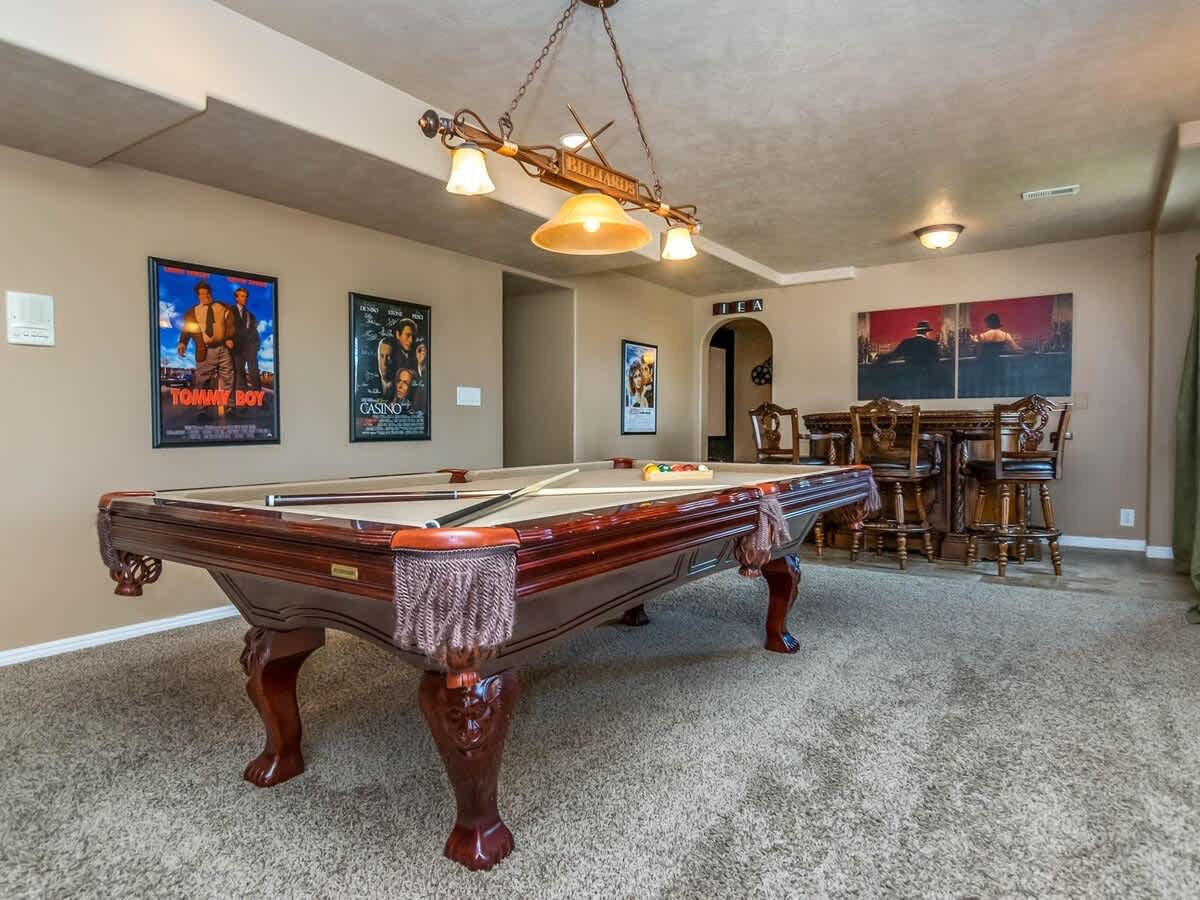 Billiards and recreation area in walkout basement