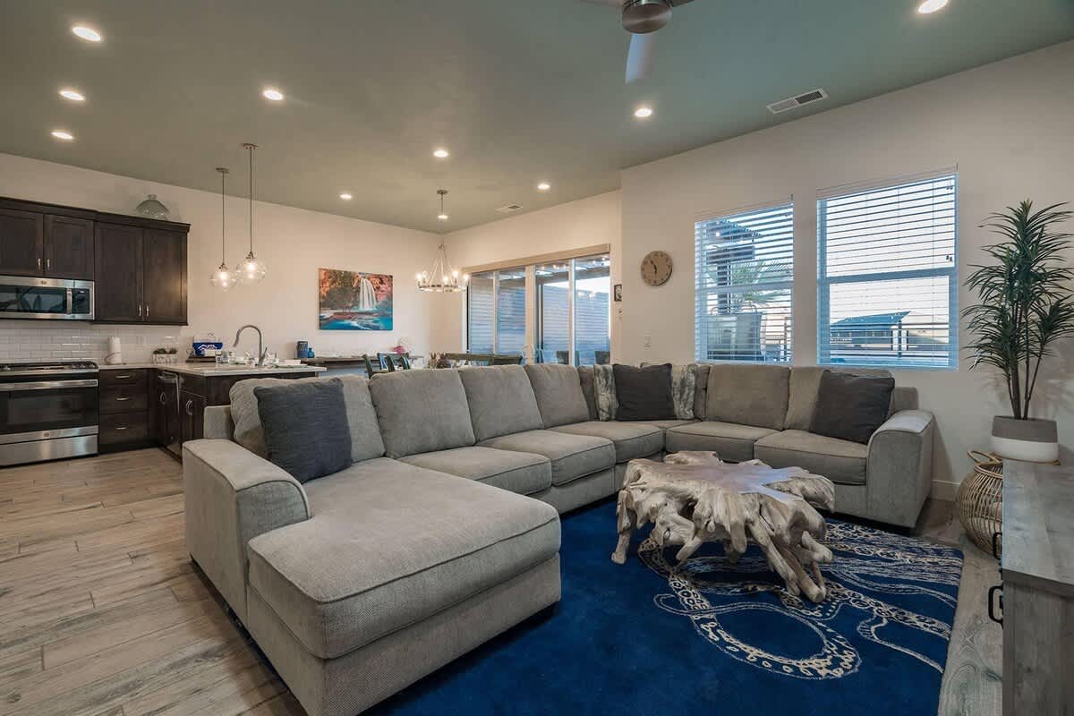 62 - Open concept family room, kitchen and dining areas