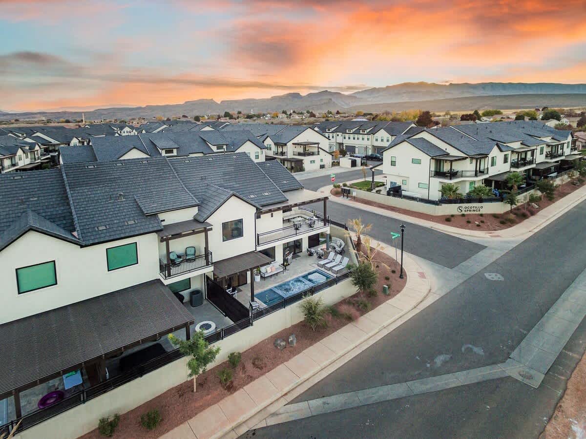 Aerial view of back of homes and main Ocotillo entrance