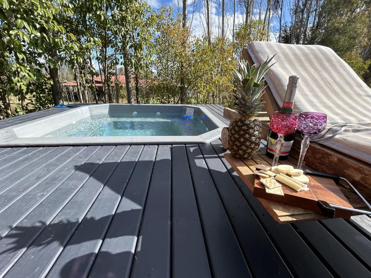 Hot tub terrace w/ loungers set against a backdrop of trees