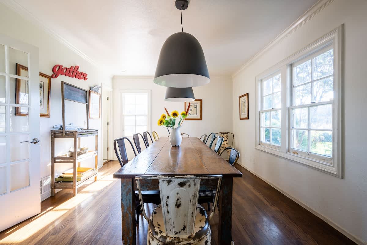 Gather around the farmhouse dining table with seating for 10. Perfect for family dinners, wine tastings, golf trip meals, or corporate retreats in the heart of San Martin wine country.