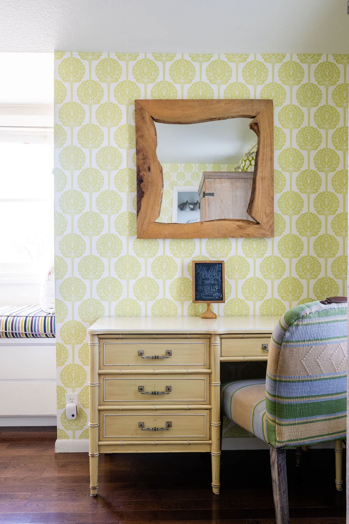 Hampstead Bedroom desk & window nook—perfect for journaling, remote work, or sipping wine after a day at San Martin wineries & golf. Stylish retro charm with modern comfort.