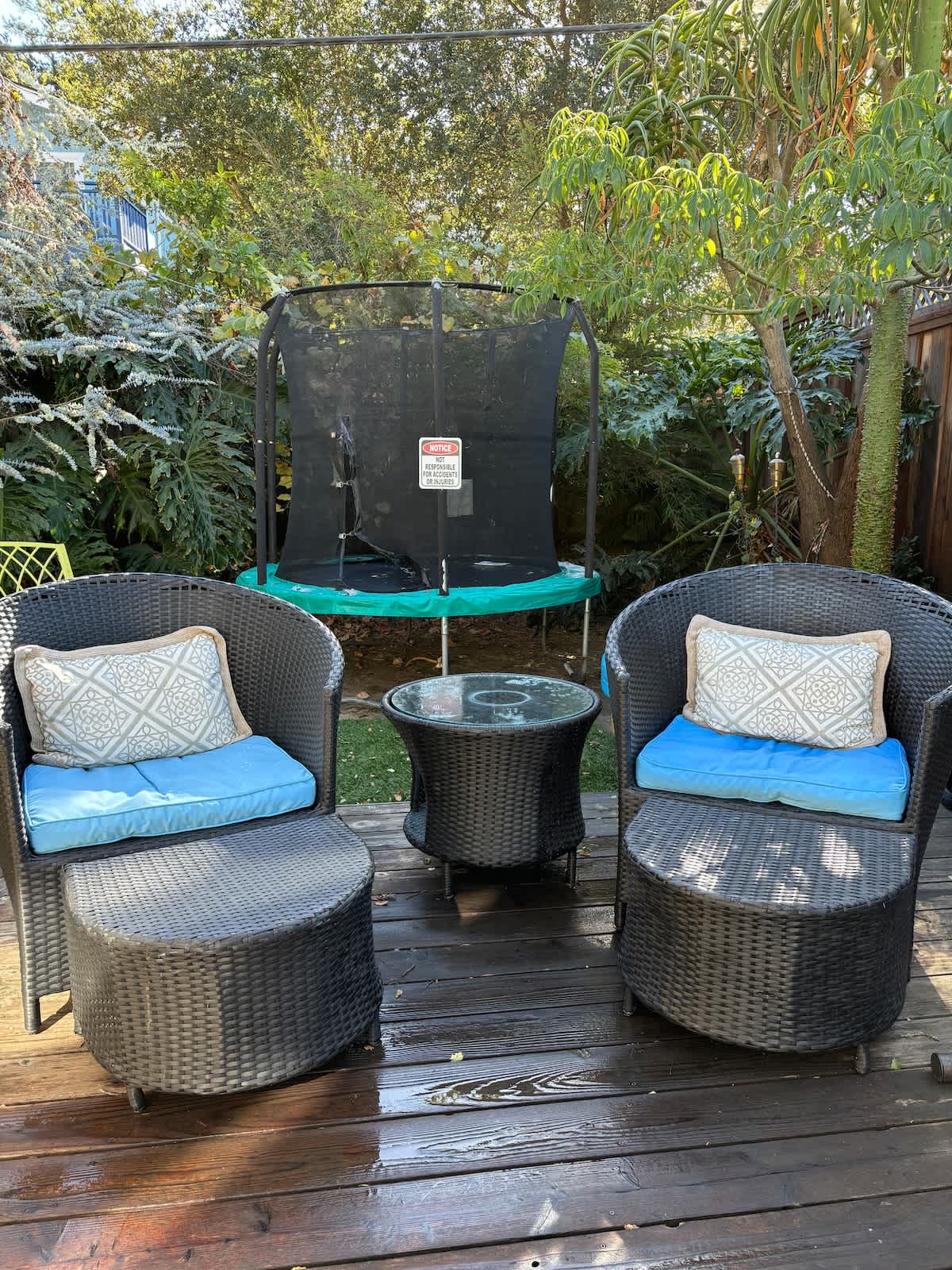 Relax on the patio while kids enjoy the trampoline—perfect outdoor fun for families, friends, or business travelers wanting fresh air between meetings.
