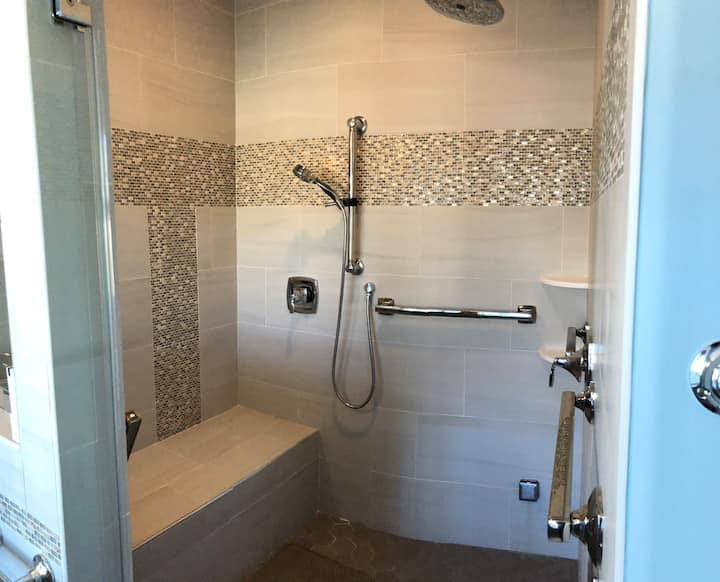 Shower has plenty of room for more than one bather, and safety features to make it accessible to most guests. 