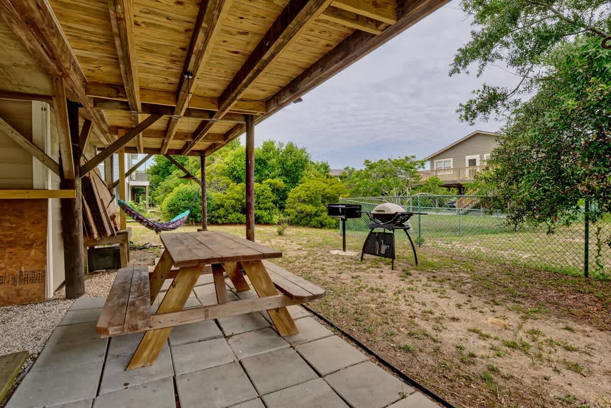 The gas grill is in the storage area under the house. 