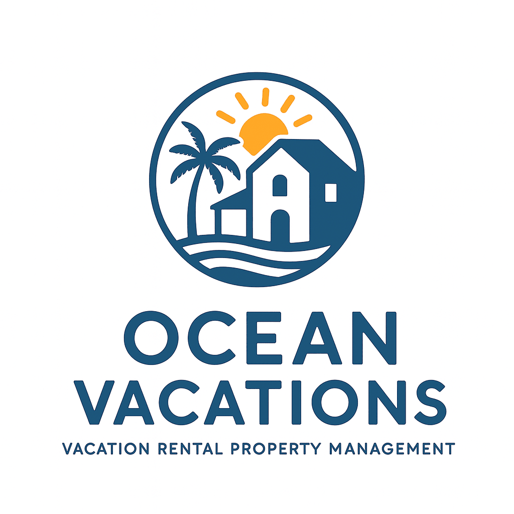 Logo: blue circle with beach house, palm tree, sun, waves; "Ocean Vacations" text.