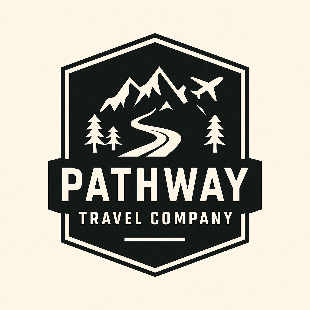 Black and white logo for "Pathway Travel Company" with mountains, trees, road, and airplane in a badge.