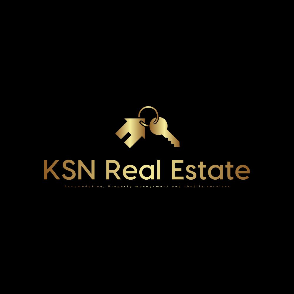 Gold logo for KSN Real Estate with keys and a house on a black background.