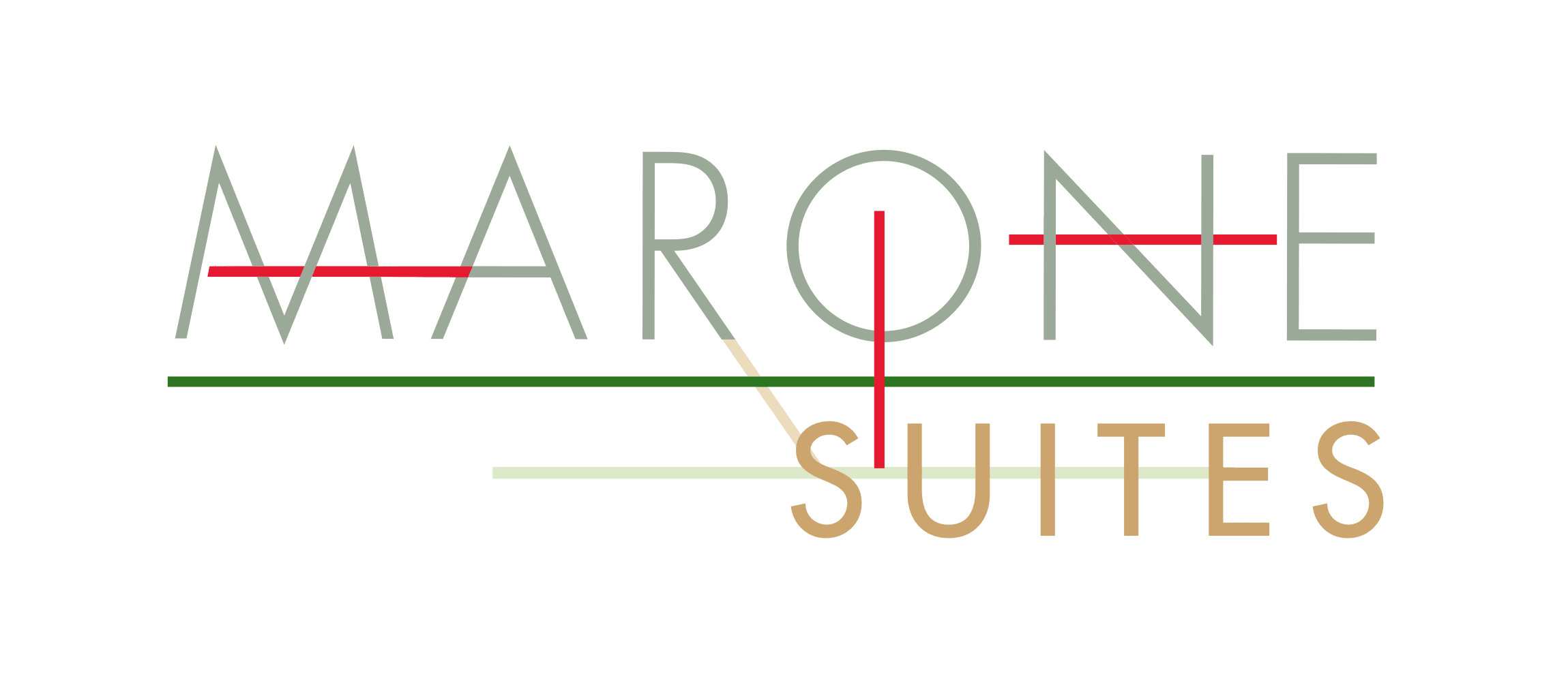 Logo for Marone Suites; text in sage green with red, green and gold accents.