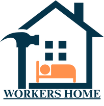 Logo: house silhouette with hammer, bed, and "WORKERS HOME" text in blue and orange.