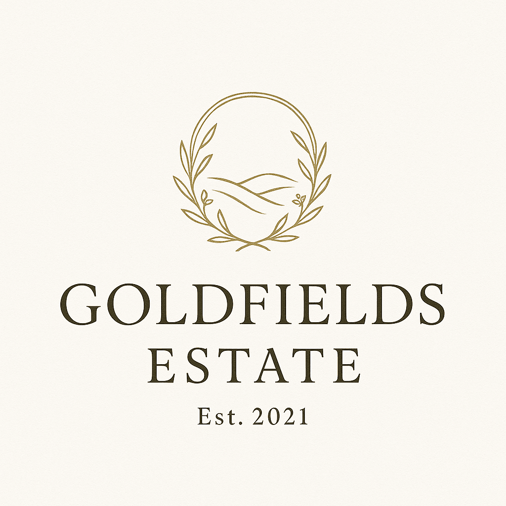 Goldfields Estate logo: Golden wreath above a landscape, text below reads
