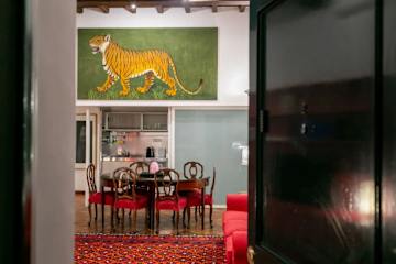 A dining room with red seats