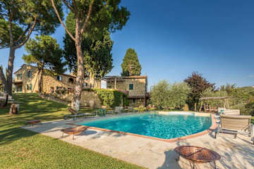 A swimming pool under the shade of a tree