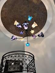 hand blown mexican glass chandelier. A beautiful art instalment that illuminates the foyer.