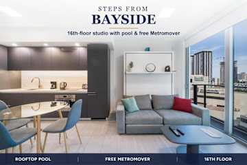 Downtown Miami studio with a real desk alcove and a queen wall bed, 16th floor — Miami stay