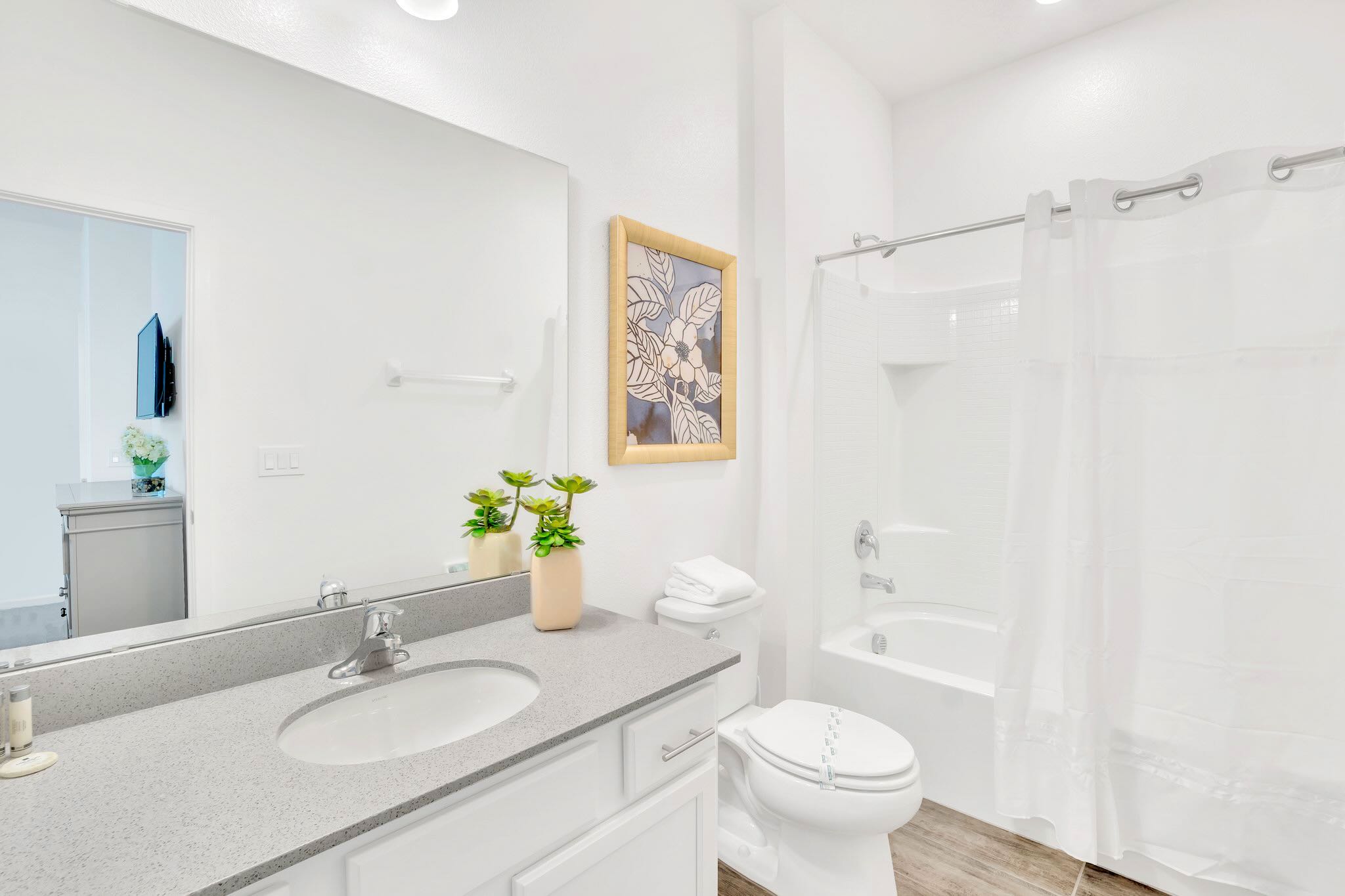 Bright Bathroom Featuring A Full Bathtub, Sleek Vanity, And Modern Design