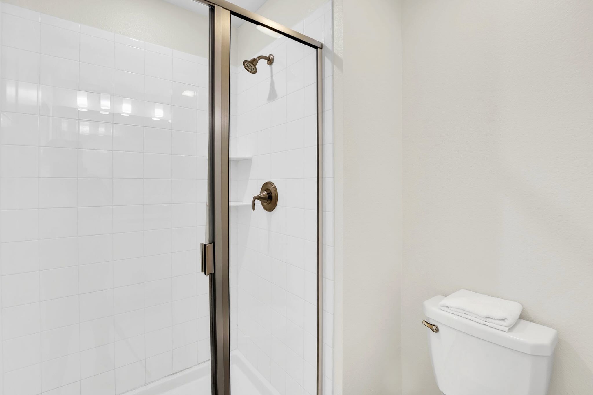 Glass-Enclosed Shower With Pristine Fixtures