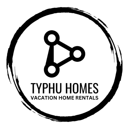 Black and white logo: Circle around a network symbol and the words "Typhu Homes, Vacation Home Rentals."