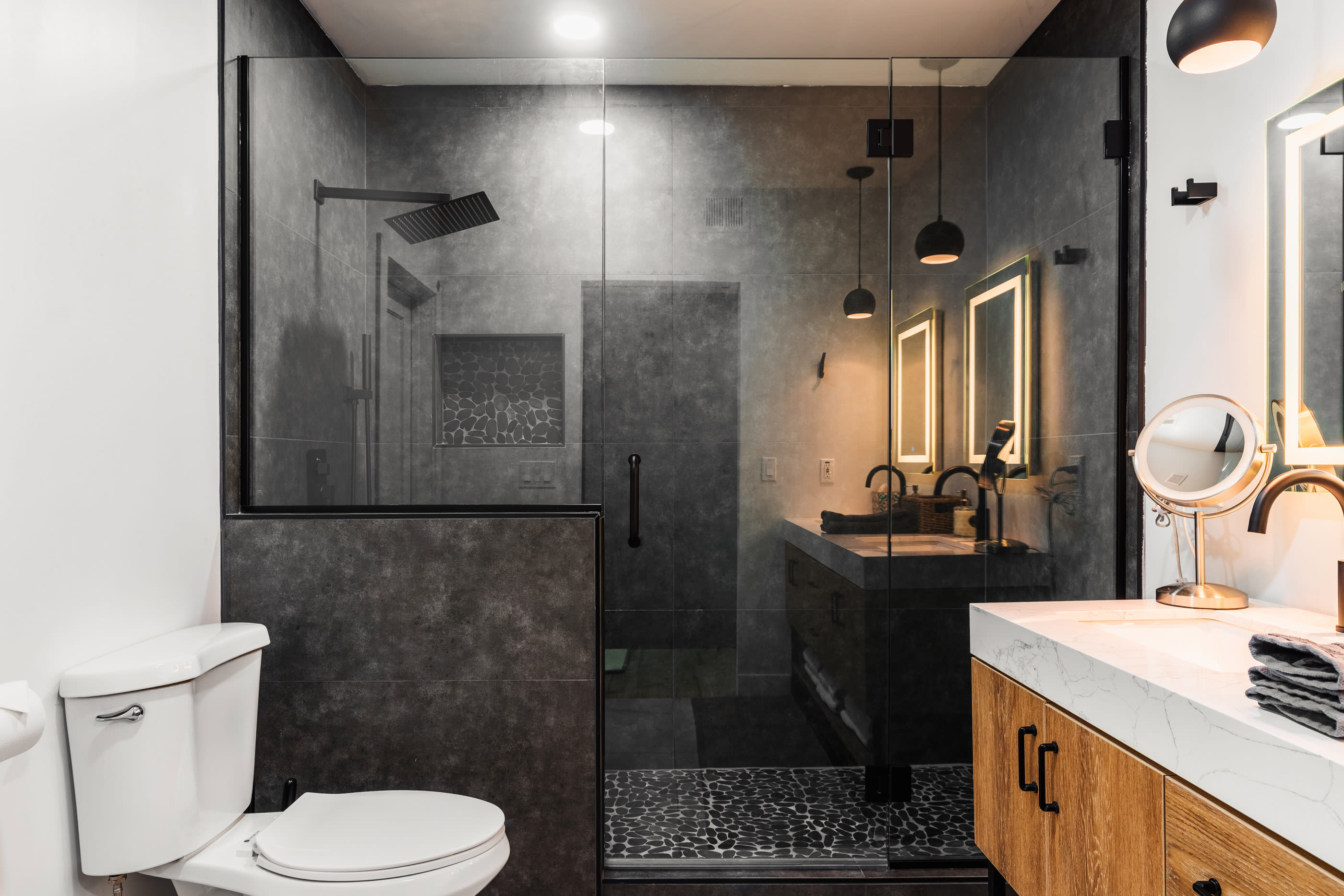 Luxury double vanity bathroom with walk-in shower