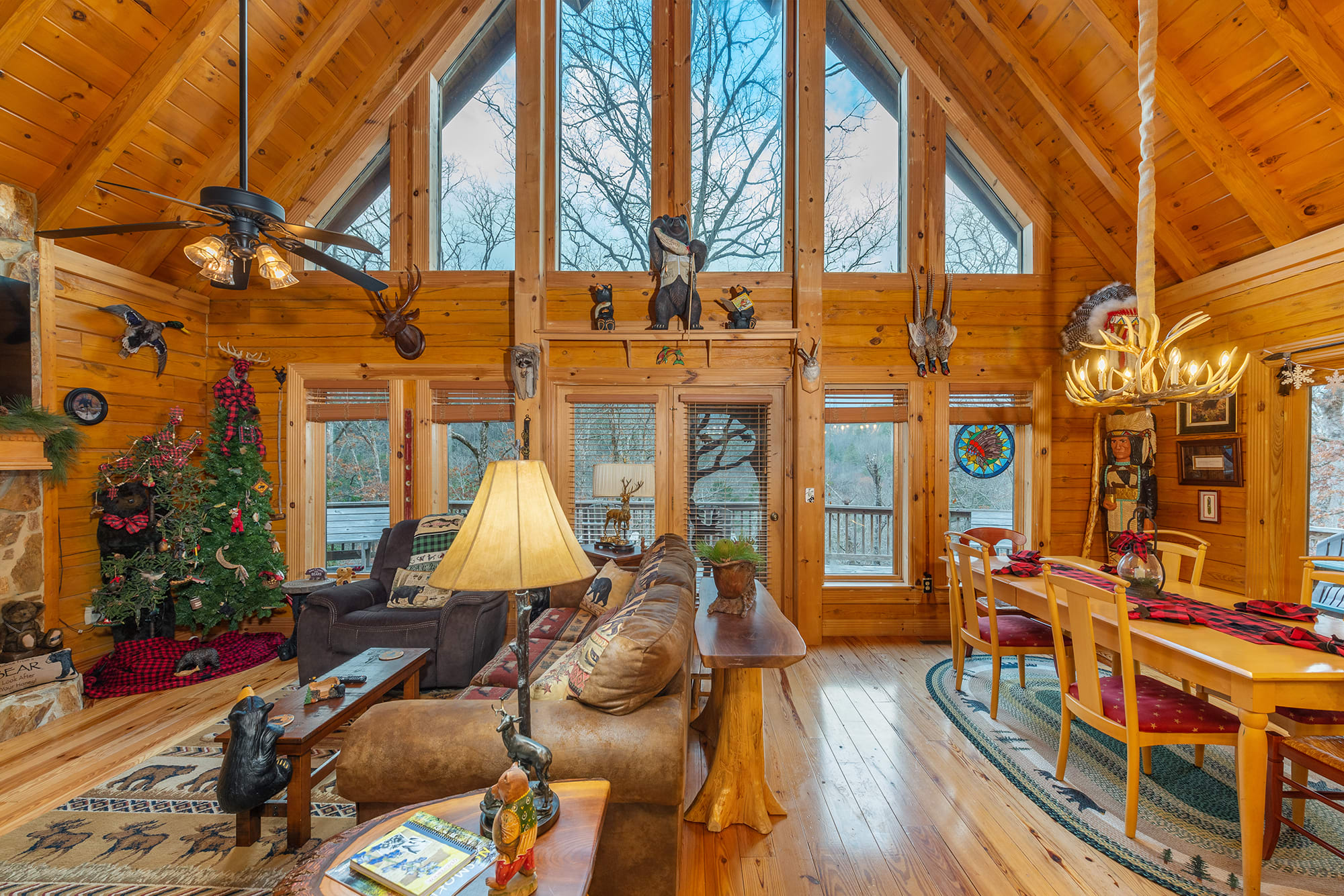 Enjoy our Classic Cabin Vibe with incredible floor to ceiling windows overlooking the mountains.