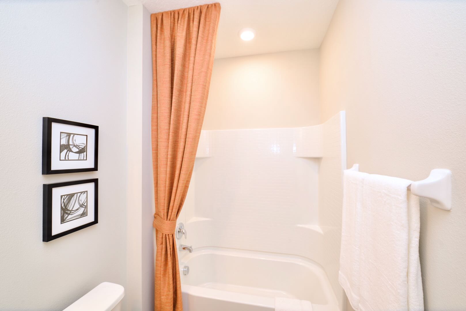 Compact Bathroom With Relaxing Bathtub And Decorative Wall Art