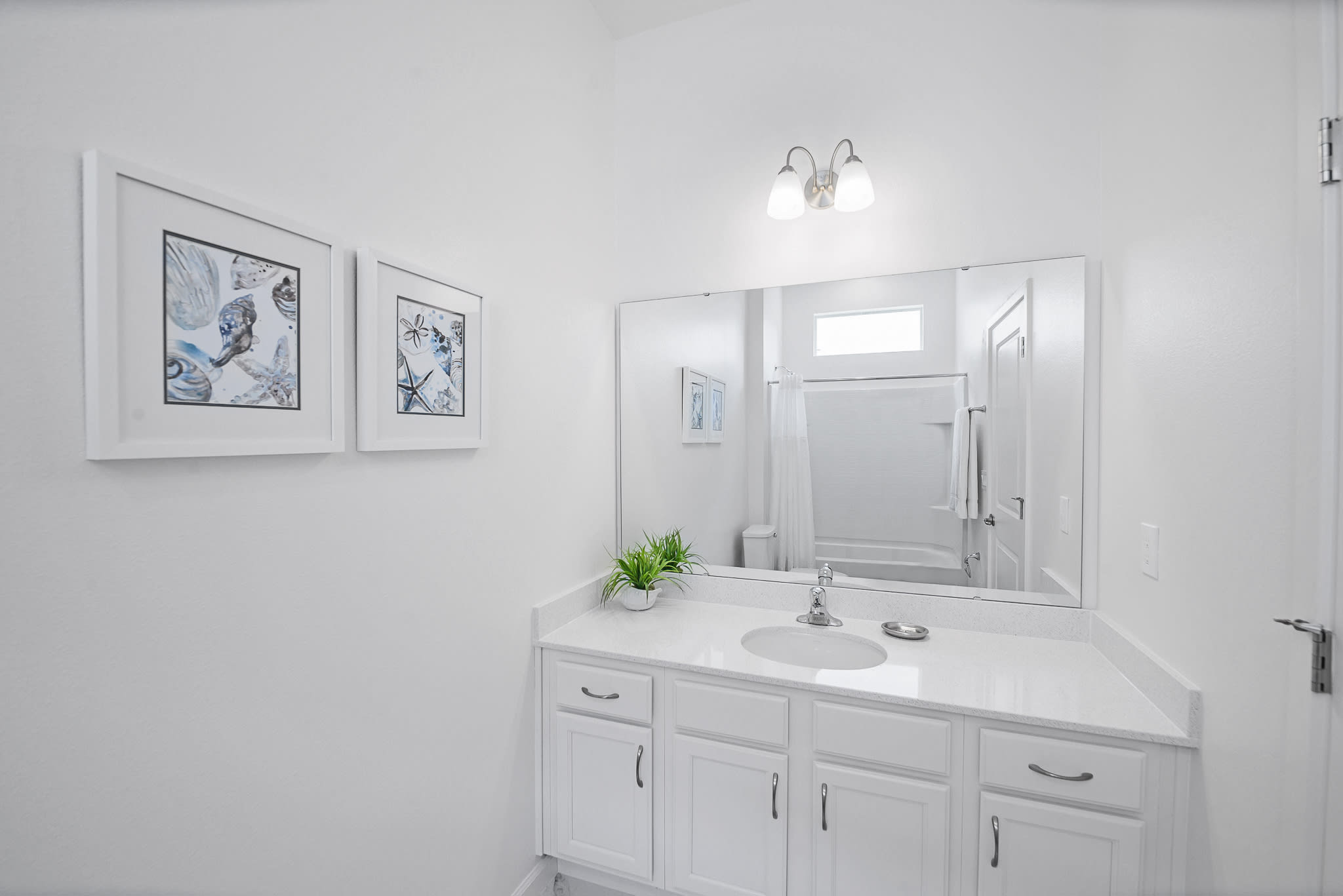 Bright And Functional Bathroom With A Shower And Vanity Space