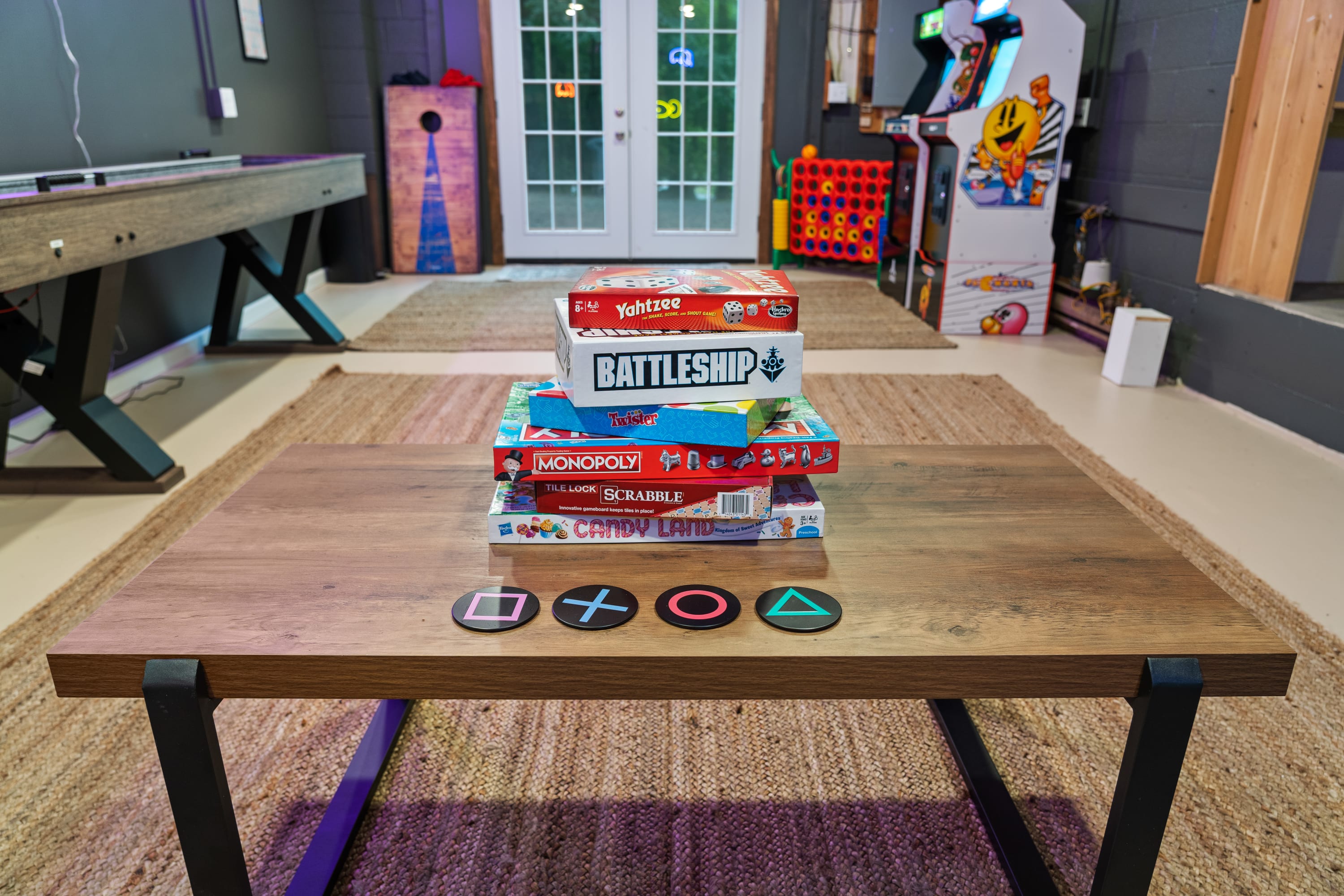 Tons of classic board games, arcade games, cornhole, karaoke machine, etc.