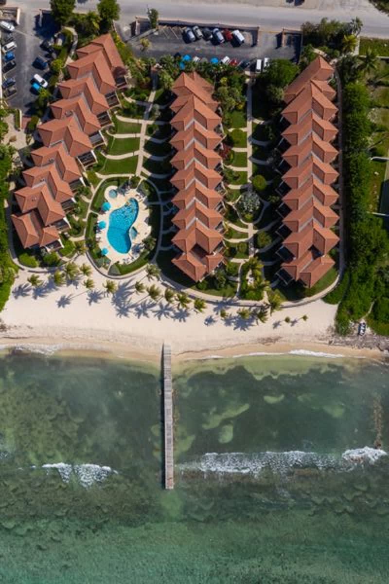 Aerial view of oceanfront Villas Pappagallo complex.