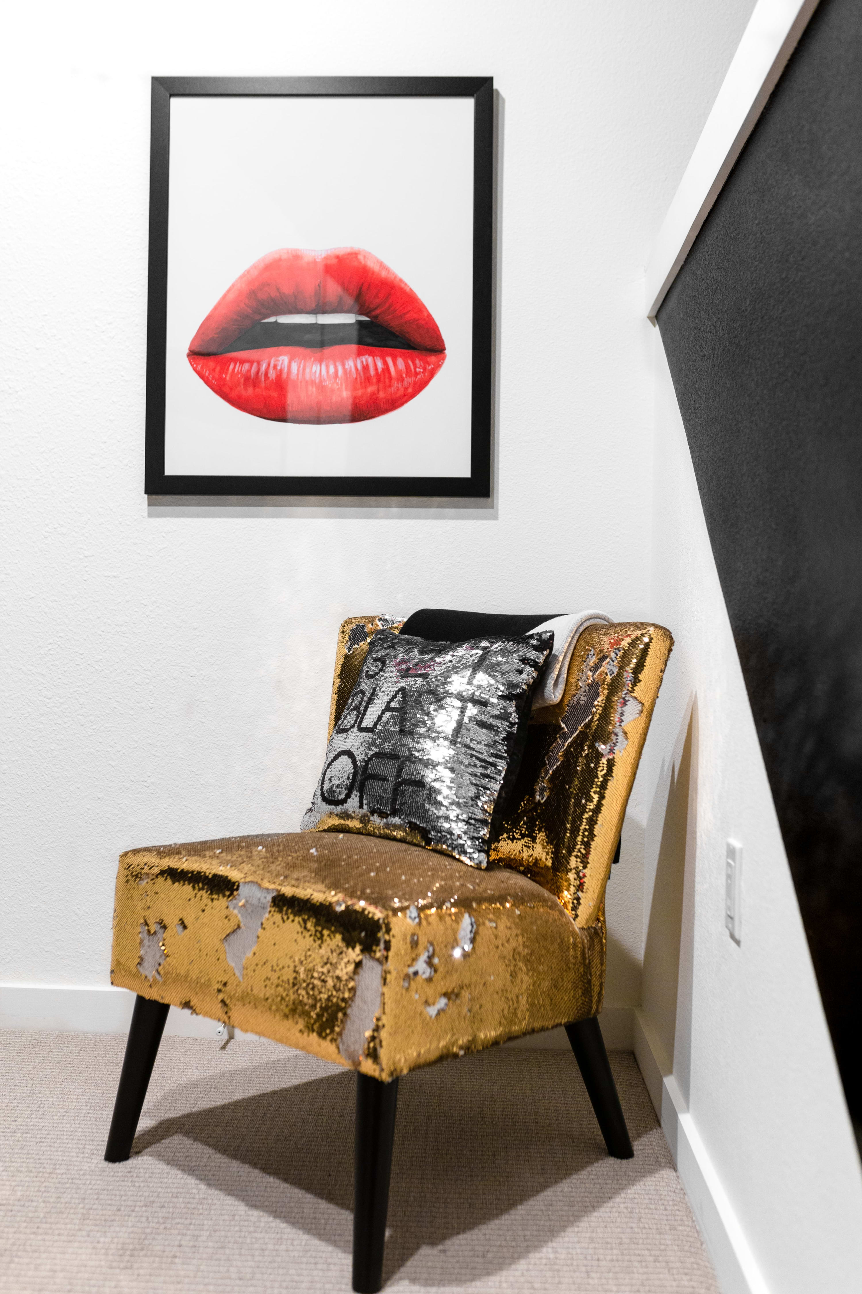 Gold Accent Chair With Modern Wall Art