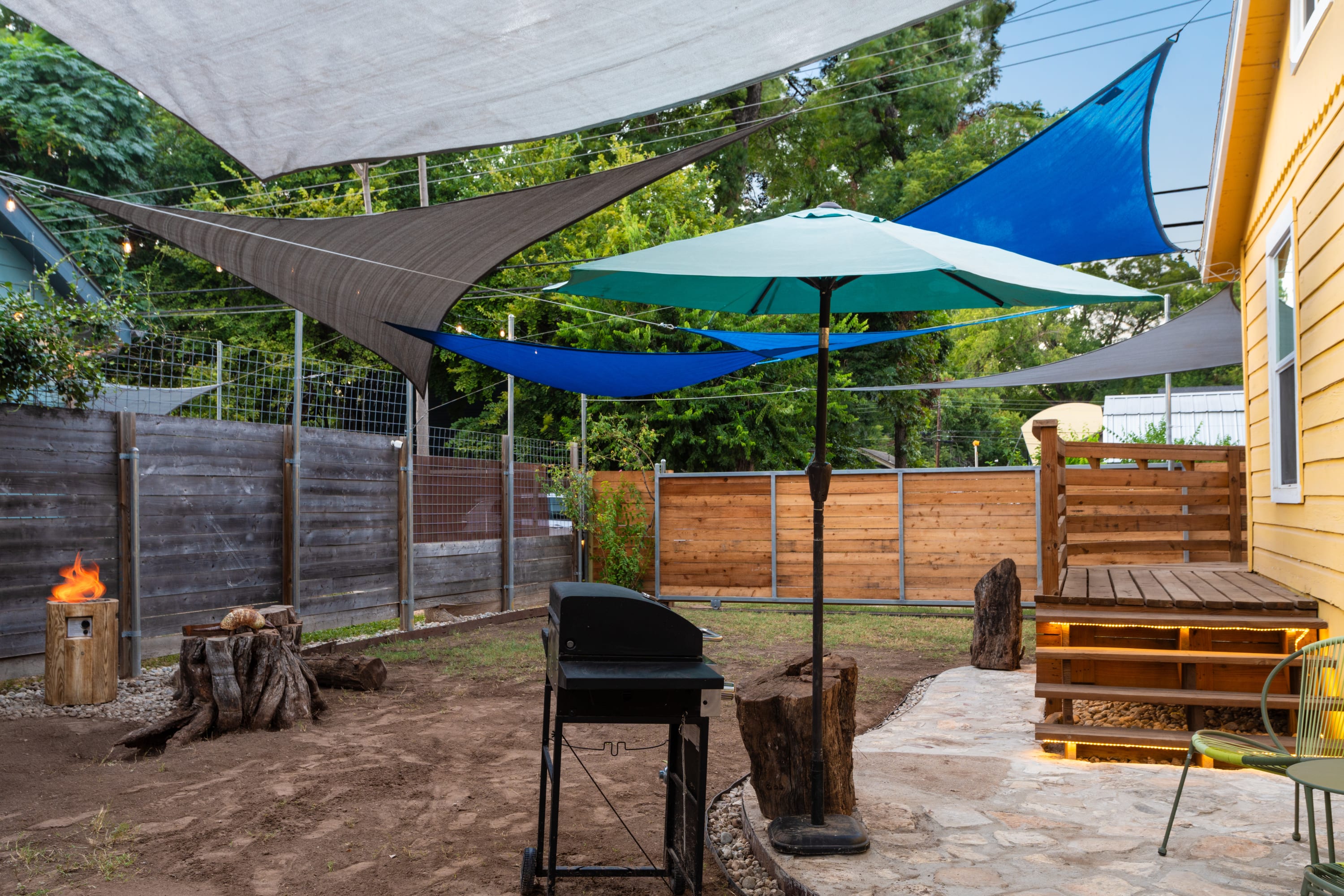Shady Canopies over Firepit and BBQ area
