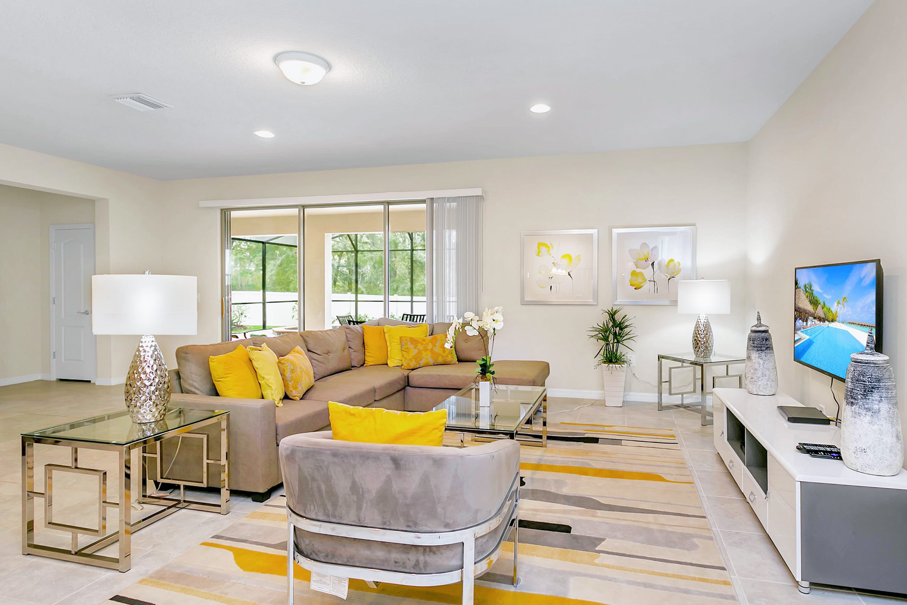 Spacious And Elegant Living Room With Large Smart Tv